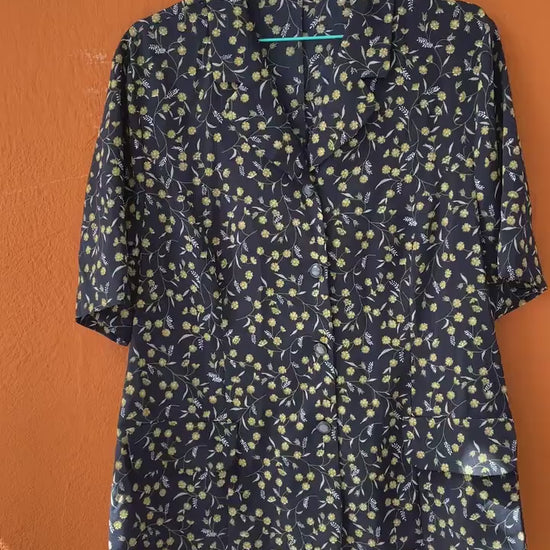 Blue and yellow flower blouse, Vintage summer shirt, Cute knot tie oversized blouse, 80s secretary top, XL