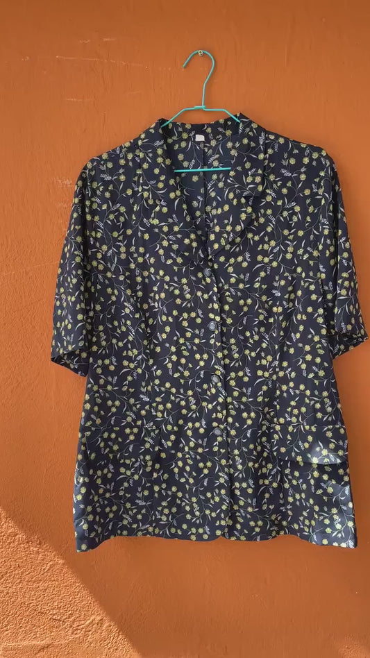 Blue and yellow flower blouse, Vintage summer shirt, Cute knot tie oversized blouse, 80s secretary top, XL