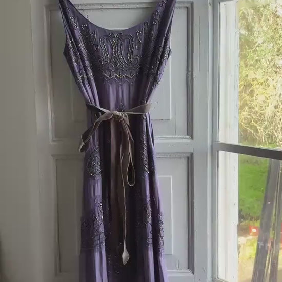 Silk intage purple beaded dress with romantic velvet strap, Elegant evening wear