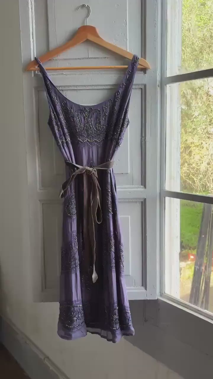 Silk intage purple beaded dress with romantic velvet strap, Elegant evening wear