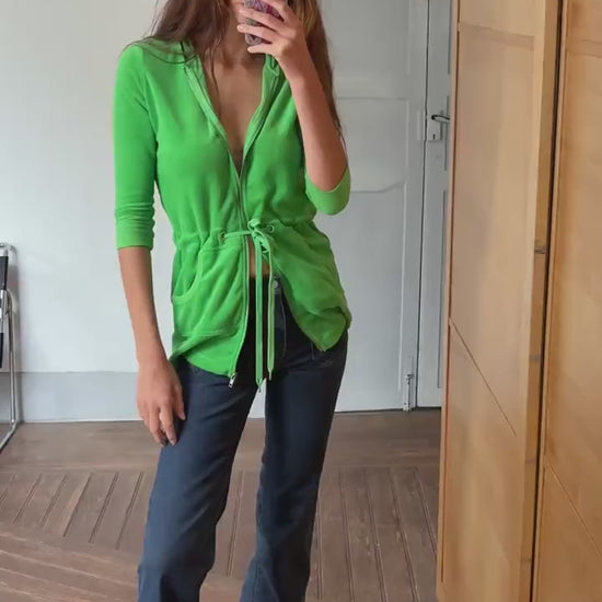 Vintage Y2K neon green terry hoodie cardigan – towel fabric zip-up with pockets, Echo brand, size XS - S, Bold 00s sporty rave aesthetic