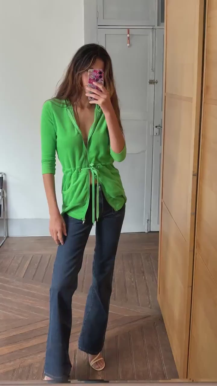 Vintage Y2K neon green terry hoodie cardigan – towel fabric zip-up with pockets, Echo brand, size XS - S, Bold 00s sporty rave aesthetic