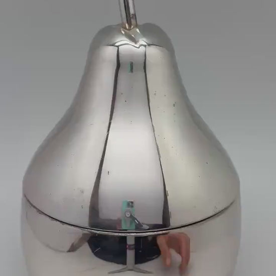 Retro silver pear ice bucket 30 cm tall with insulated plastic interior, space age bar decor, funky mid century partyware