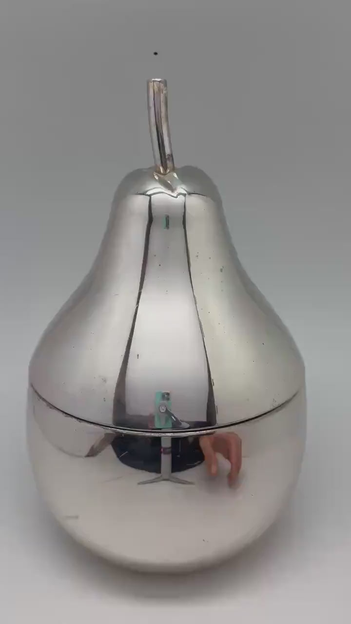 Retro silver pear ice bucket 30 cm tall with insulated plastic interior, space age bar decor, funky mid century partyware