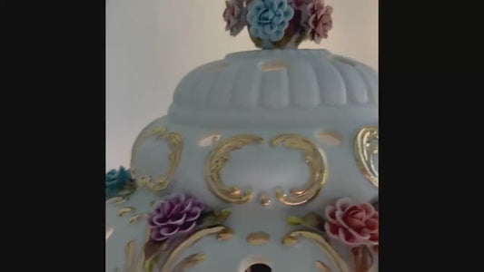 Rare Fornili vintage porcelain lamp – floral figurine table light with pierced shade & gold luster – signed, E27 bulb, US plug