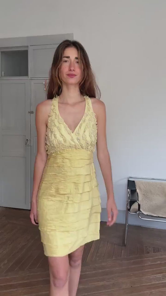 Vintage Luisa Spagnoli silk cocktail dress – lemon yellow embroidered floral bodice, EU 44