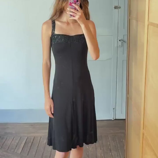 Black sequin midi dress, ANGEL SCHLESSER vintage cocktail style dress, square neckline, sparkly straps, size EU S - M elegant flowy fit