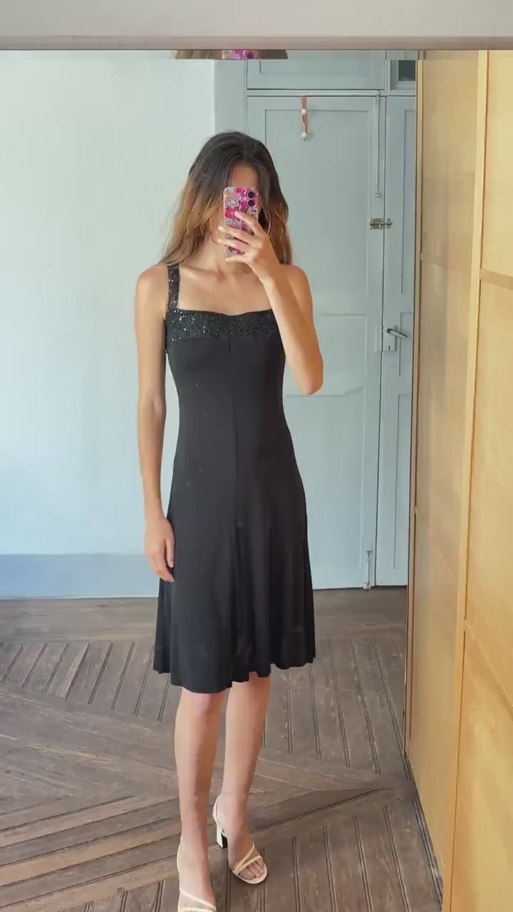 Black sequin midi dress, ANGEL SCHLESSER vintage cocktail style dress, square neckline, sparkly straps, size EU S - M elegant flowy fit