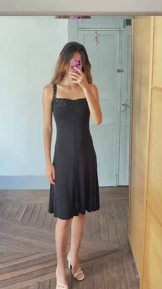Black sequin midi dress, ANGEL SCHLESSER vintage cocktail style dress, square neckline, sparkly straps, size EU S - M elegant flowy fit