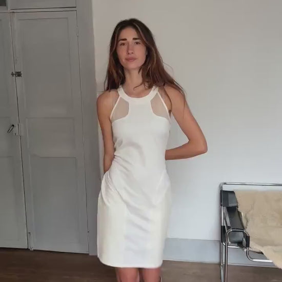GUESS White Bodycon Mini Dress – Mesh Panel Clubwear – Size L – Y2K Vibes