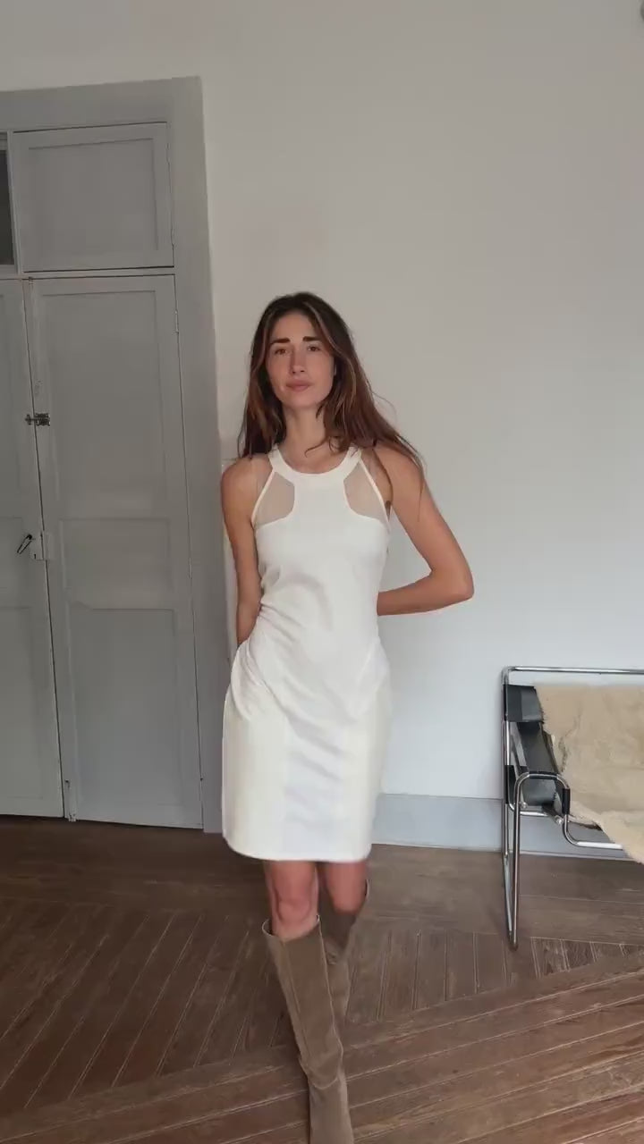 GUESS White Bodycon Mini Dress – Mesh Panel Clubwear – Size L – Y2K Vibes