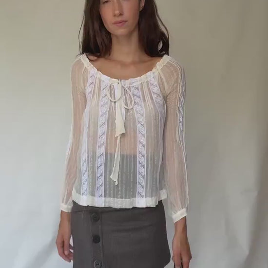 Sheer White Romantic Blouse with Ruffled Neckline and Tie Front Detail in Lightweight Fabric, Perfect for Layering, US Size L