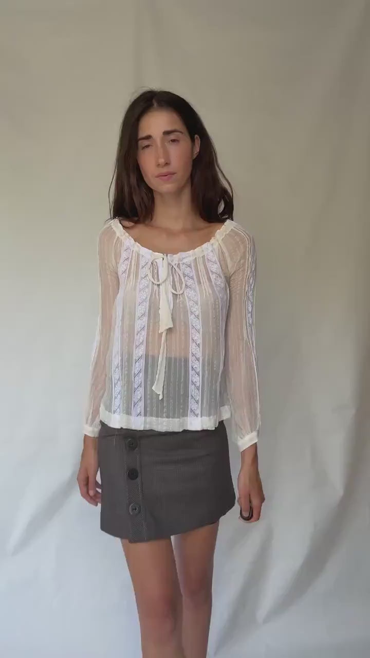 Sheer White Romantic Blouse with Ruffled Neckline and Tie Front Detail in Lightweight Fabric, Perfect for Layering, US Size L