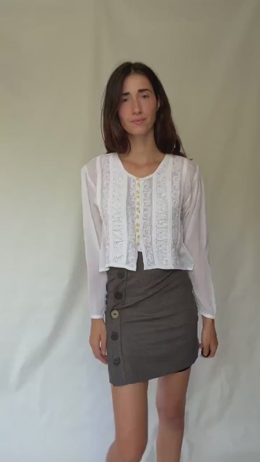 Classic Vintage-Inspired White Blouse with Lace Embroidery and Button Fastening, Light Academic Style by Keira Knightley