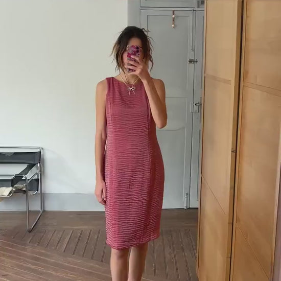 Vintage pink red elegant formal dress, Minimalist modern fit outfit, Luxury Spanish design dress, Simple textured one of a kind woman dress