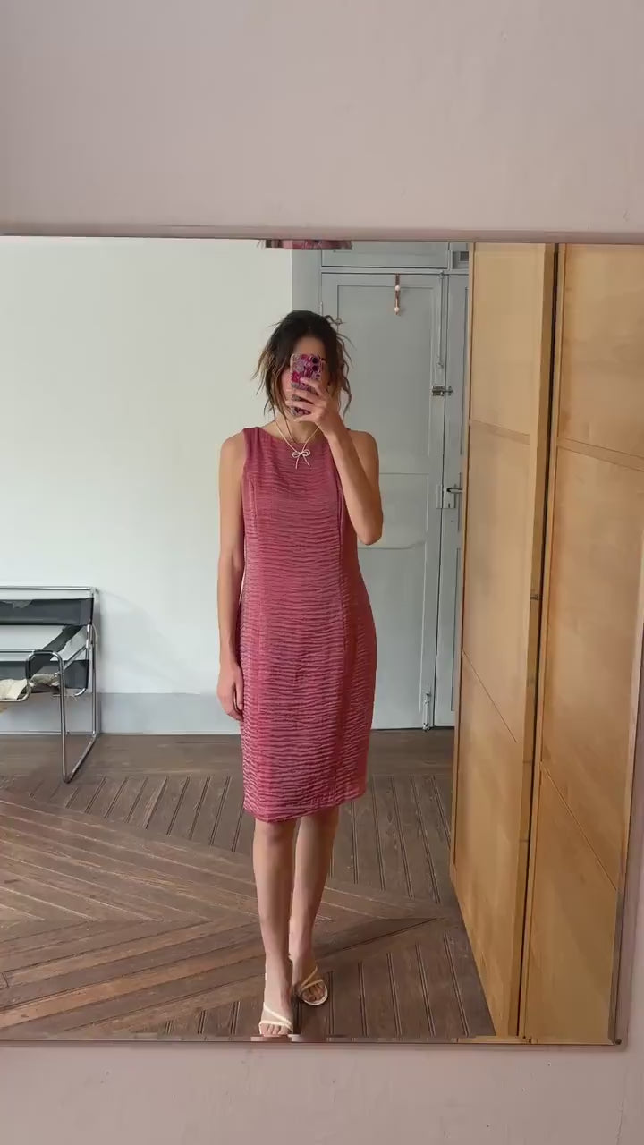 Vintage pink red elegant formal dress, Minimalist modern fit outfit, Luxury Spanish design dress, Simple textured one of a kind woman dress