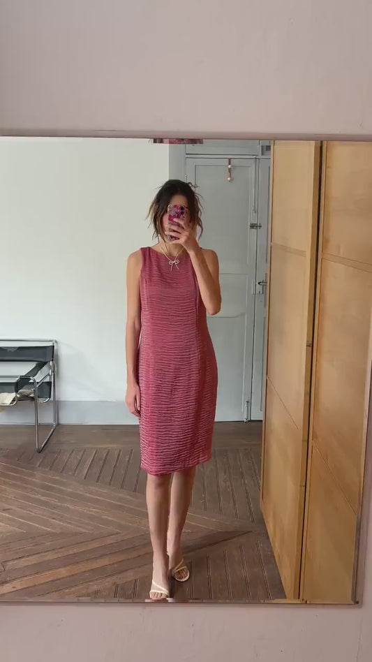 Vintage pink red elegant formal dress, Minimalist modern fit outfit, Luxury Spanish design dress, Simple textured one of a kind woman dress