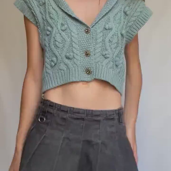 Soft knit cable vest with buttons, cropped cap sleeve sweater top, pale blue preppy core layering piece