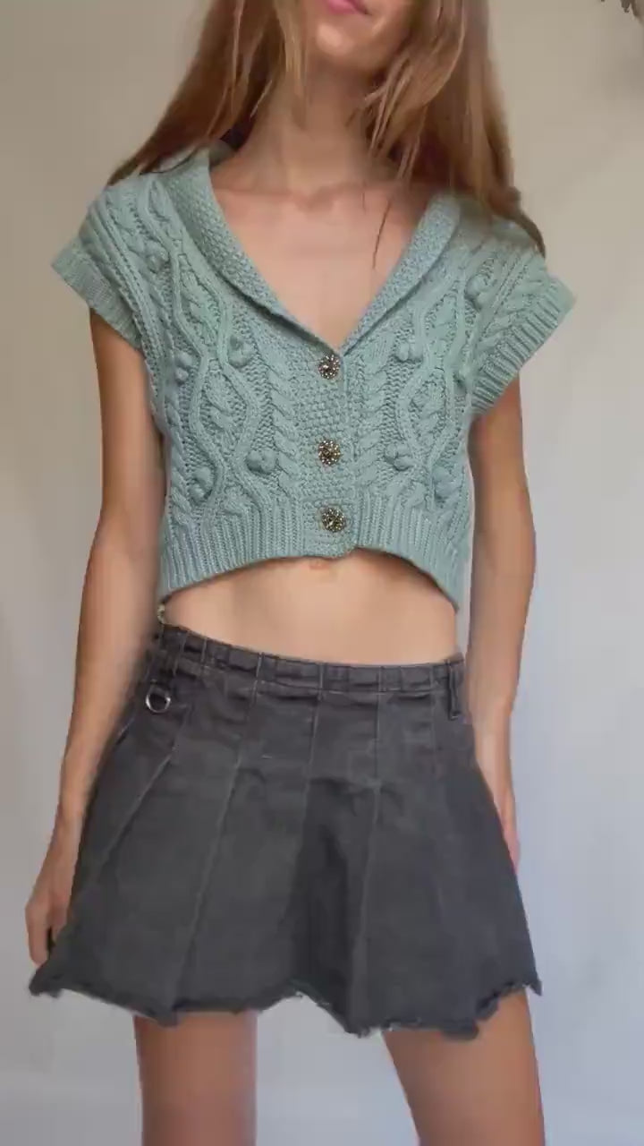 Soft knit cable vest with buttons, cropped cap sleeve sweater top, pale blue preppy core layering piece