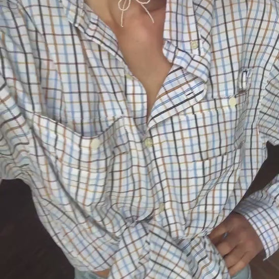 Columbia vintage check shirt M mesh lining utility outdoor button down hiking shirt unisex oversized fit blue brown plaid