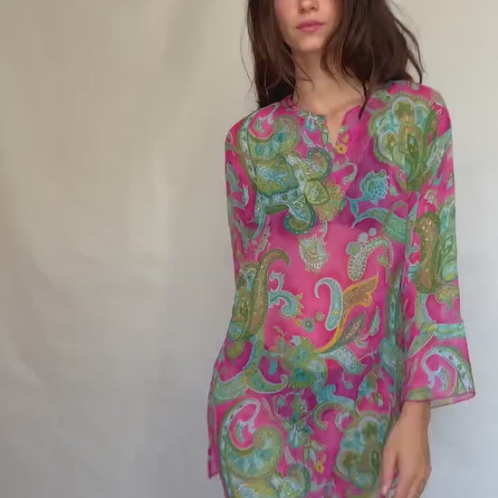 Paisley sheer dress with flowy fit, bohemian see through pool wear, M