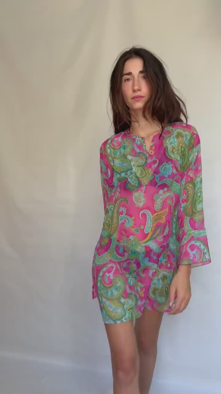 Paisley sheer dress with flowy fit, bohemian see through pool wear, M