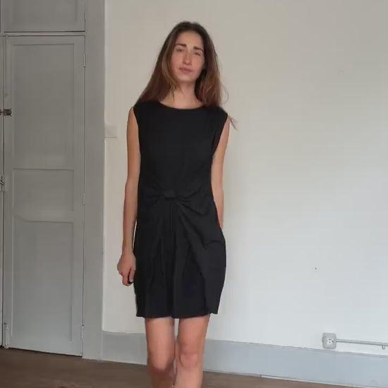 Italian simple black dress, Essential Twinset sleek Milan minimalism, Size S - M