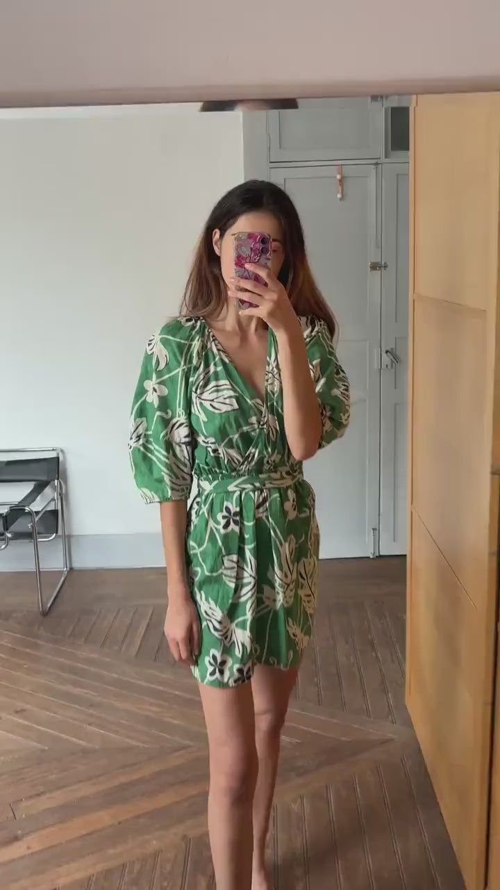 Vintage Green Floral Cotton Wrap Dress – Puff Sleeves Summer Mini with Tie Waist, Size M