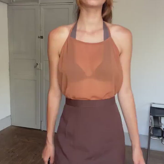Y2K Sheer Brown Halter Top – Festival Mesh Camisole, Earthy Lightweight Tie Neck, See-Through Bikini Cover, Size S/M