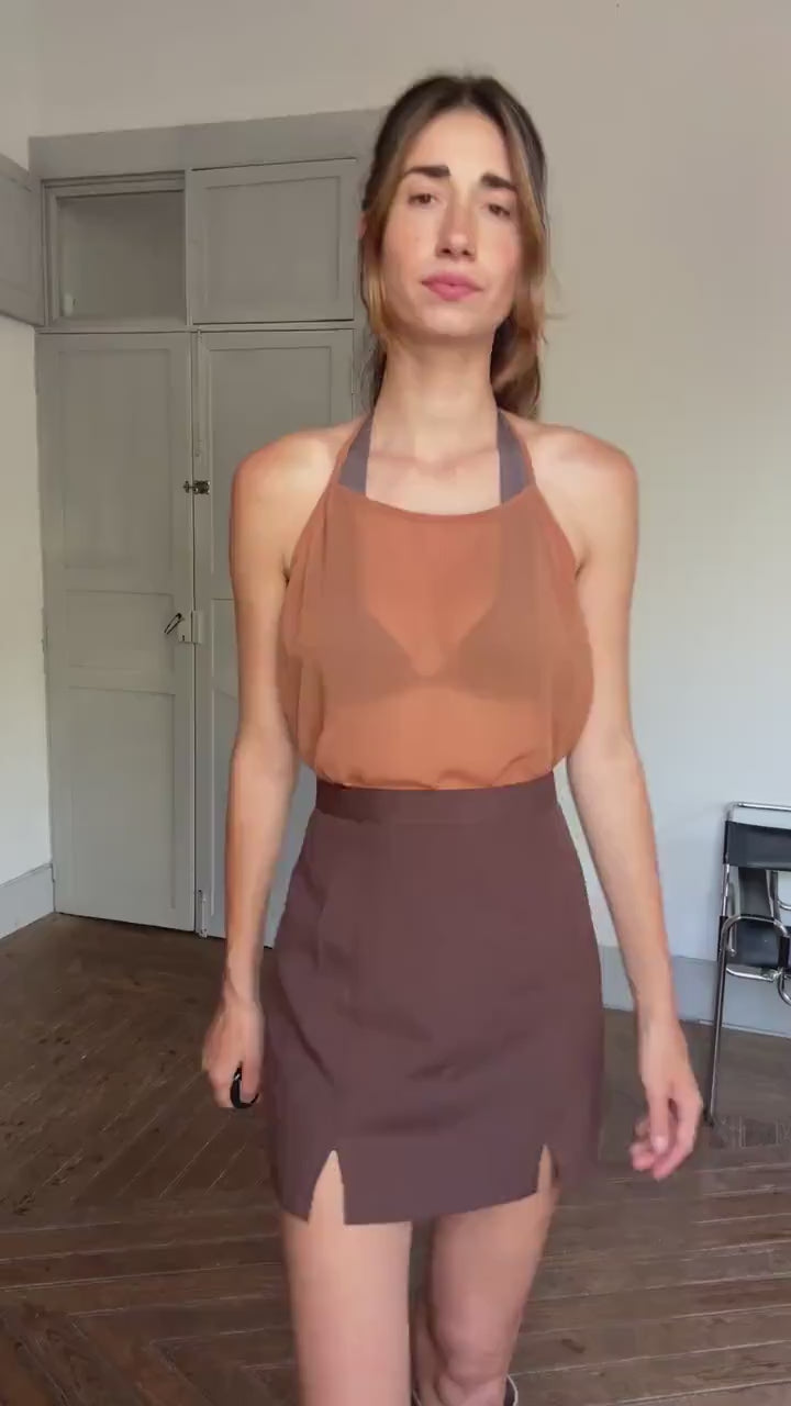 Y2K Sheer Brown Halter Top – Festival Mesh Camisole, Earthy Lightweight Tie Neck, See-Through Bikini Cover, Size S/M