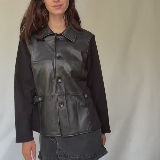 Luxury black leather and wool blend jacket, vintage minimalist style, high quality secondhand outerwear