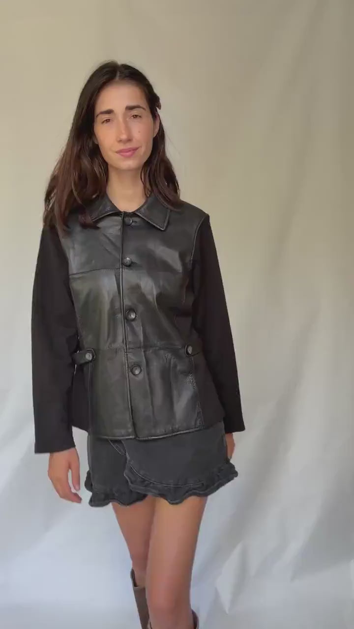 Luxury black leather and wool blend jacket, vintage minimalist style, high quality secondhand outerwear
