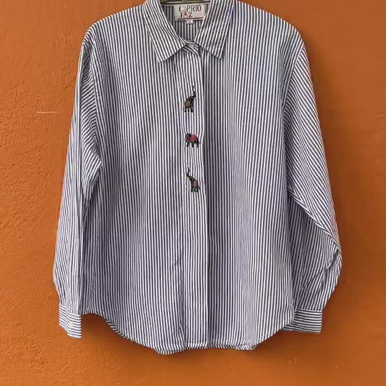 Elephant embroidered blue and white striped button up woman shirt, Vintage oxford shirt  M