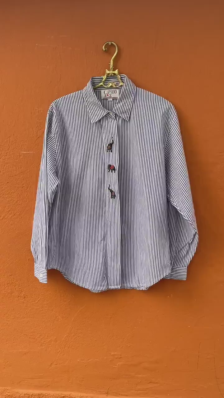 Elephant embroidered blue and white striped button up woman shirt, Vintage oxford shirt  M
