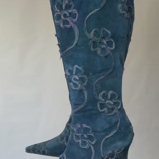 Vintage Maripaz Blue Floral Embroidered Boots with a Hint of Grunge Inspired by Boy George - US Size 9