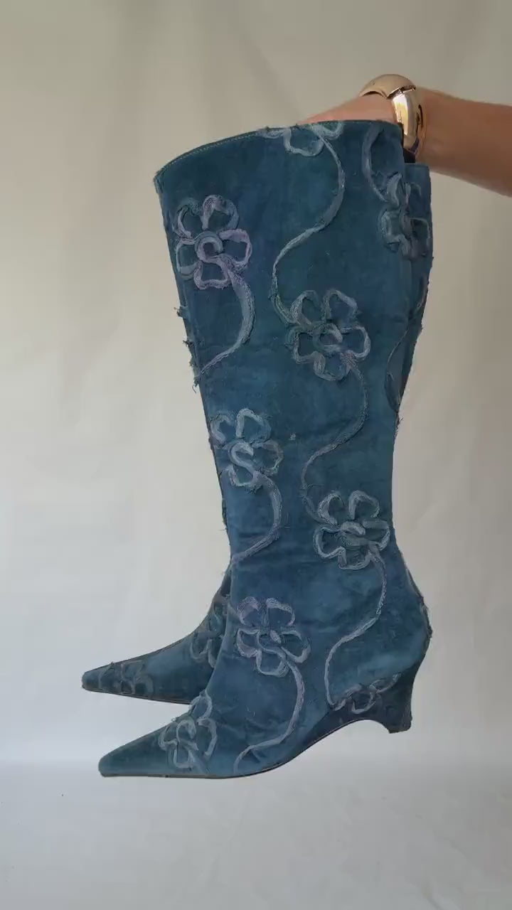 Vintage Maripaz Blue Floral Embroidered Boots with a Hint of Grunge Inspired by Boy George - US Size 9