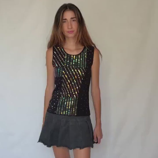 Y2K black sequin sleeveless top – 2000s retro party camisole with glittery geometric design, fun evening outfit – Size UK M/L
