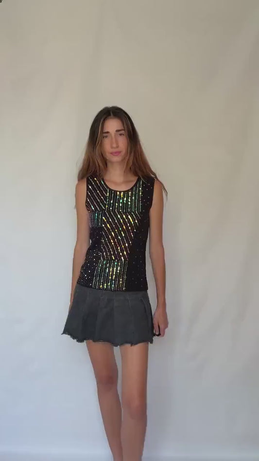 Y2K black sequin sleeveless top – 2000s retro party camisole with glittery geometric design, fun evening outfit – Size UK M/L