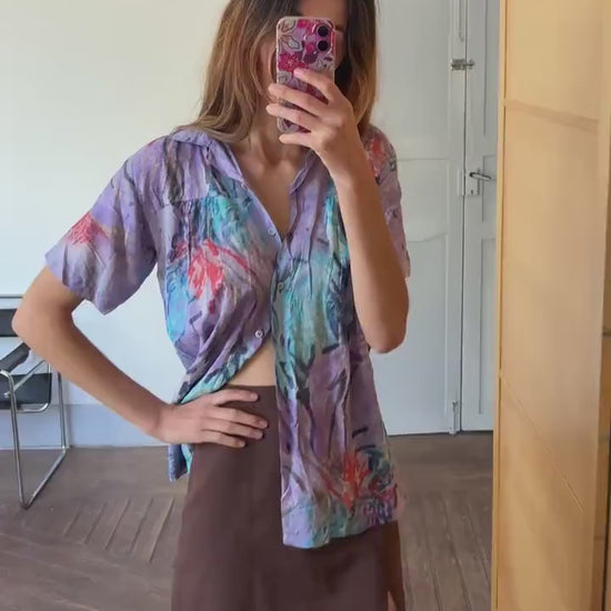 Vintage abstract print button-down, 90s oversized short-sleeve shirt, bold artistic festival top, retro unisex summer shirt, statement Y2K