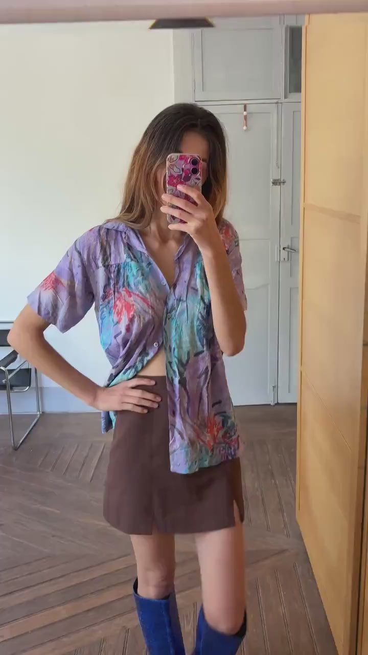 Vintage abstract print button-down, 90s oversized short-sleeve shirt, bold artistic festival top, retro unisex summer shirt, statement Y2K