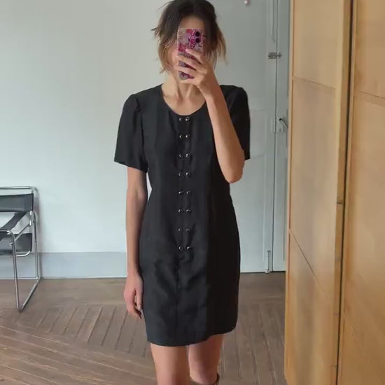 Vintage Handmade Black Dress Short Sleeve Elegant Minimalist Shift Dress with Button Details Retro 90s Chic Cocktail Party Outfit