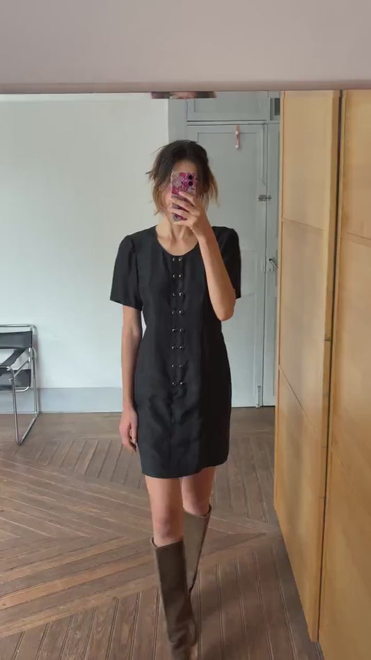 Vintage Handmade Black Dress Short Sleeve Elegant Minimalist Shift Dress with Button Details Retro 90s Chic Cocktail Party Outfit