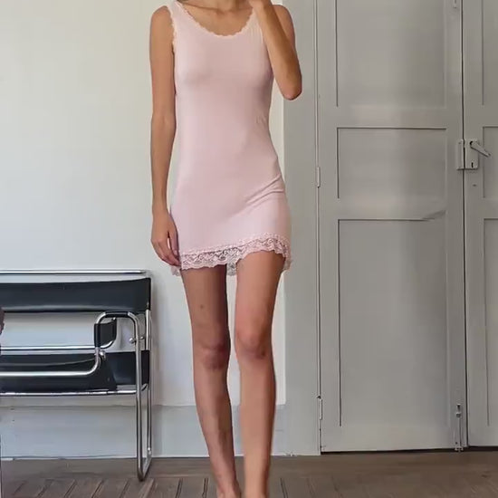 Super soft pink night slip, Romantic baby pink lace night wear, Comfortable night dress, Elegant sleepwear, Pastel pink pyjamas