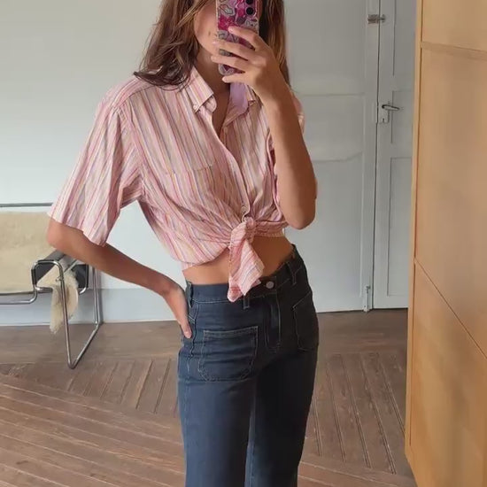 Vintage Striped Button-Up Shirt – Unisex, Boxy Fit, Summer Pastels – Size L