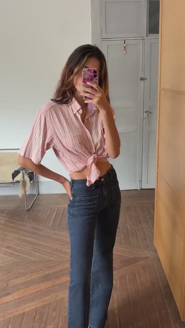 Vintage Striped Button-Up Shirt – Unisex, Boxy Fit, Summer Pastels – Size L