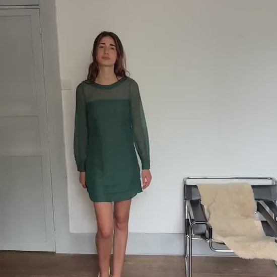 Pepe Jeans Sheer Green Mini Dress – Sustainable recycled Secondhand Party Dress, Silk-Feel, Vintage Y2K Energy, Size M