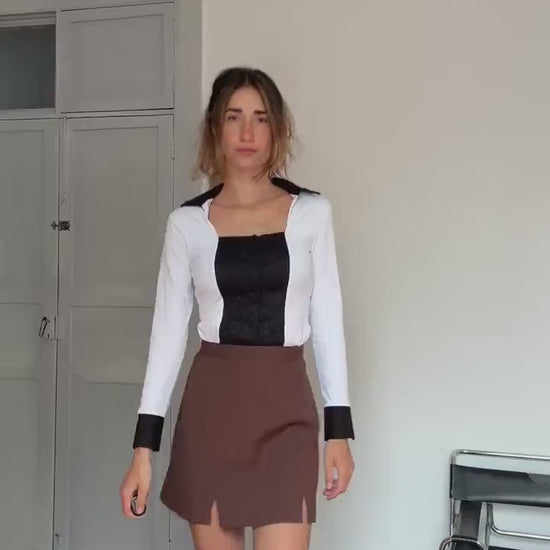 Vintage Nara Camicie Italy Romantic Lace Shirt – Black & White Corset Style Blouse – 90s Luxury Vibe – Worn Like Bella Hadid