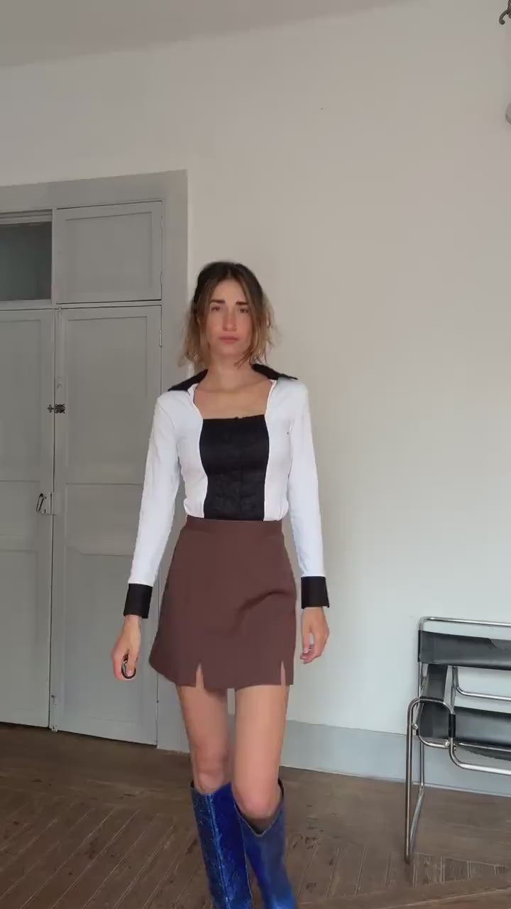 Vintage Nara Camicie Italy Romantic Lace Shirt – Black & White Corset Style Blouse – 90s Luxury Vibe – Worn Like Bella Hadid