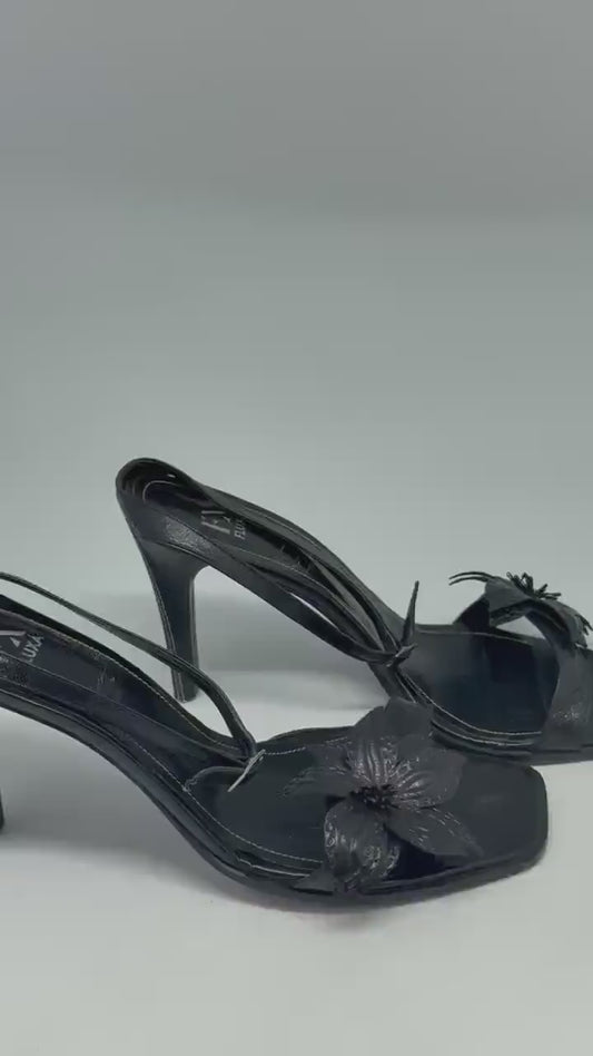 Y2K black leather flower heels – Fluxá Spain – real leather sandals – 9cm heel – size EU40 – square toe ankle strap shoes