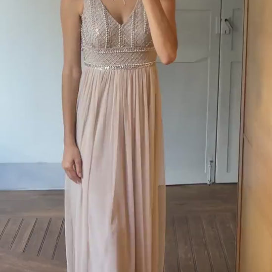 Vintage sequin beaded formal dress, luxury bridesmaid gown, wedding guest aesthetic, Neutral natural tone, Size XS